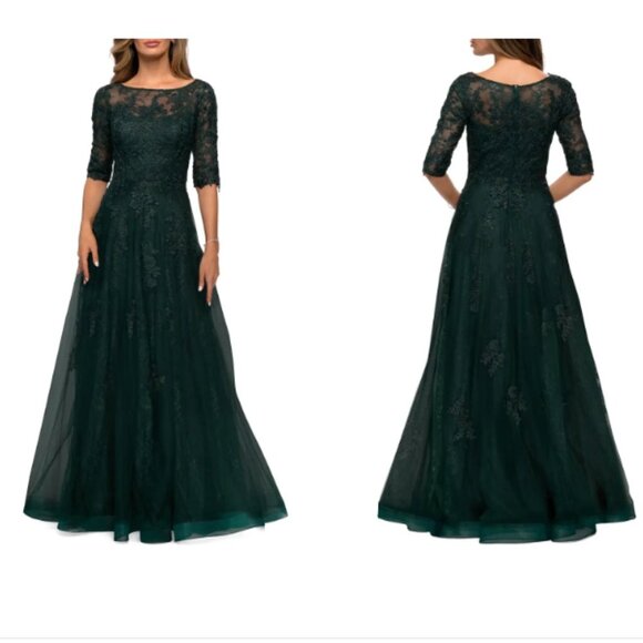 La Femme Emerald Green Embellished Floral Tulle & Lace A-Line Gown - Picture 1 of 2